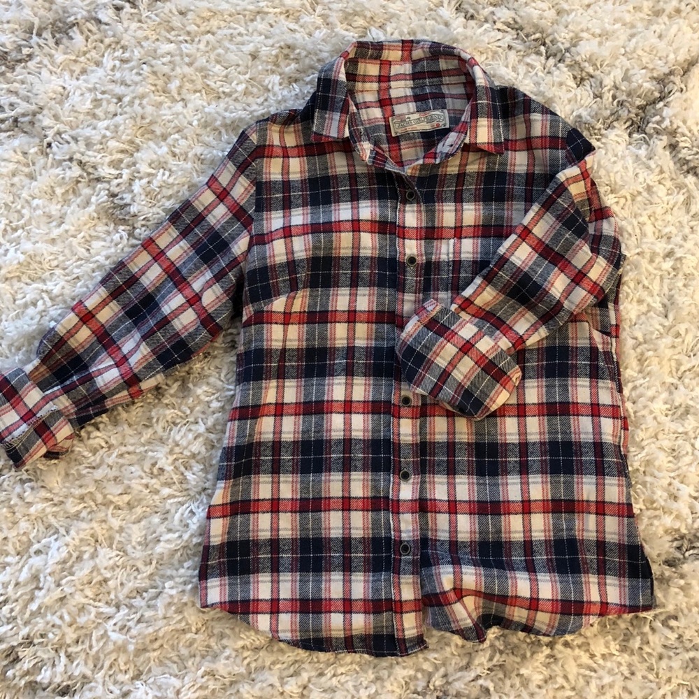 Warm blue and red button down flannel shirt